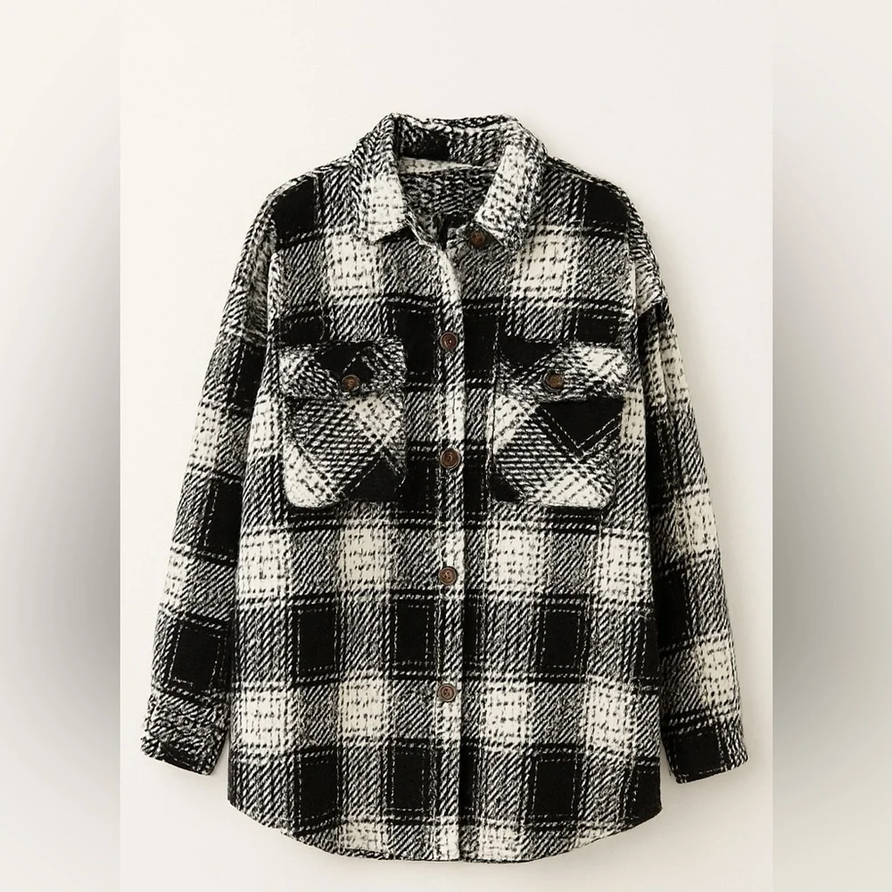 Amongst Others Oversized Plaid Shacket Black White Checked Jacket Size XL